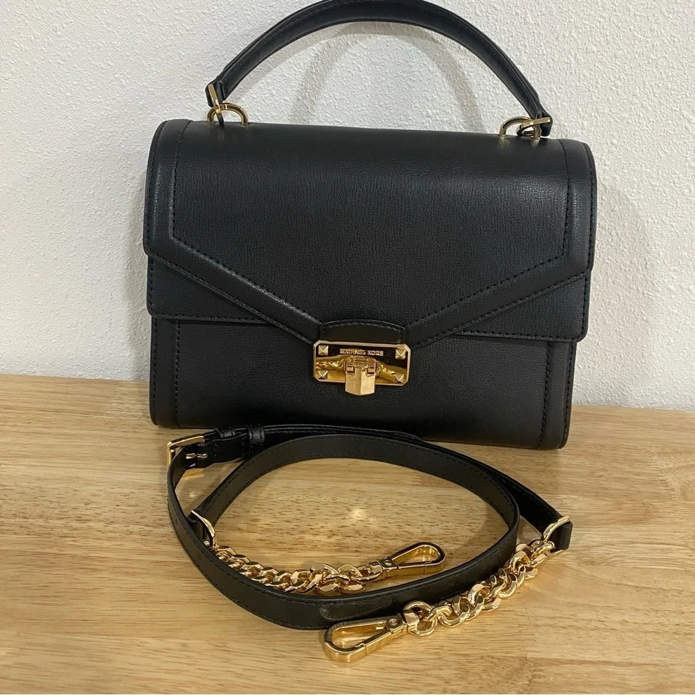 Michael Kors Black Kinsley Top Handle Satchel Gold Hardware Chain Strap